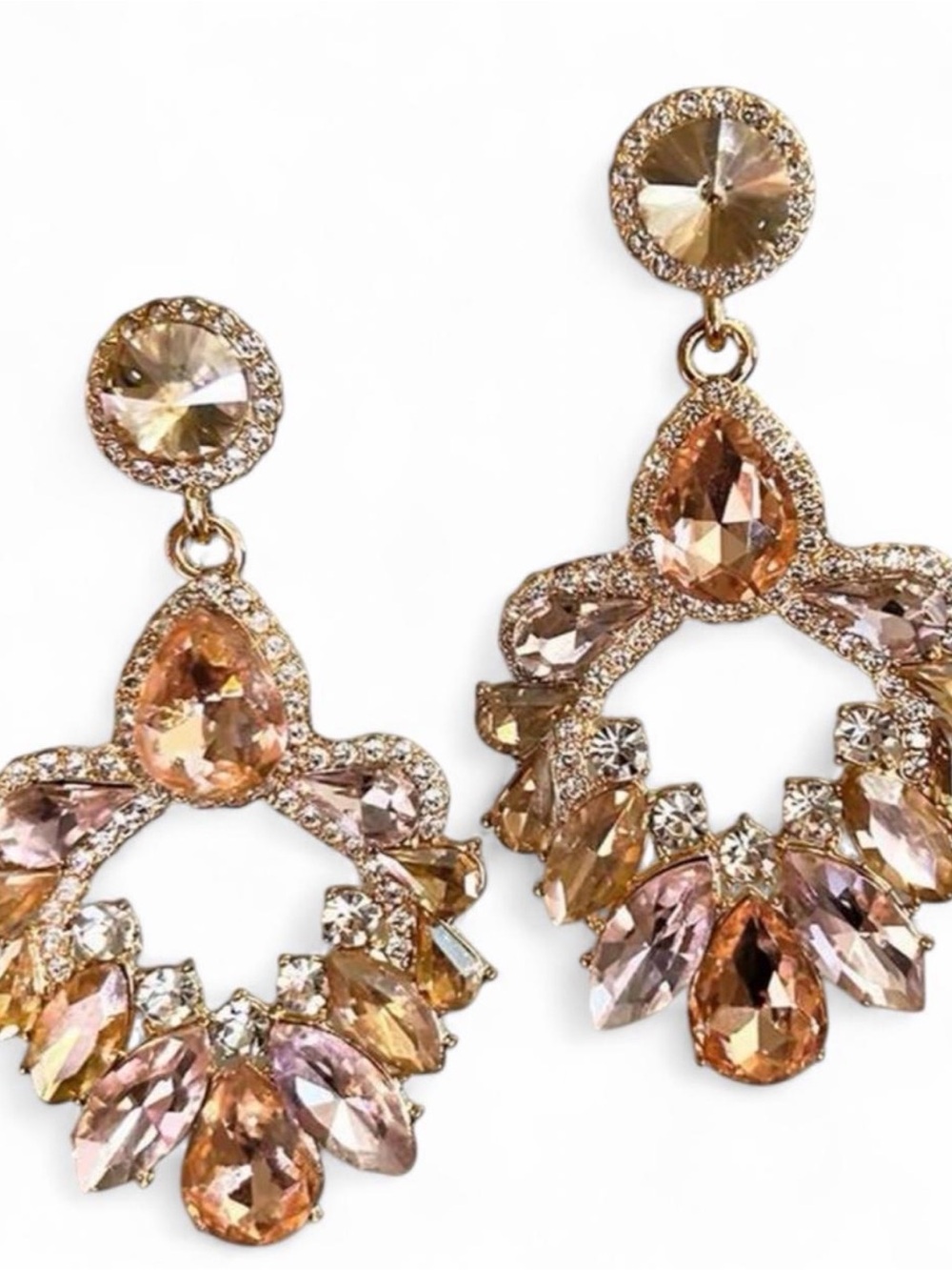 Champagne Crystal Statement Earrings Gold Tone Chandelier Drop Earrings